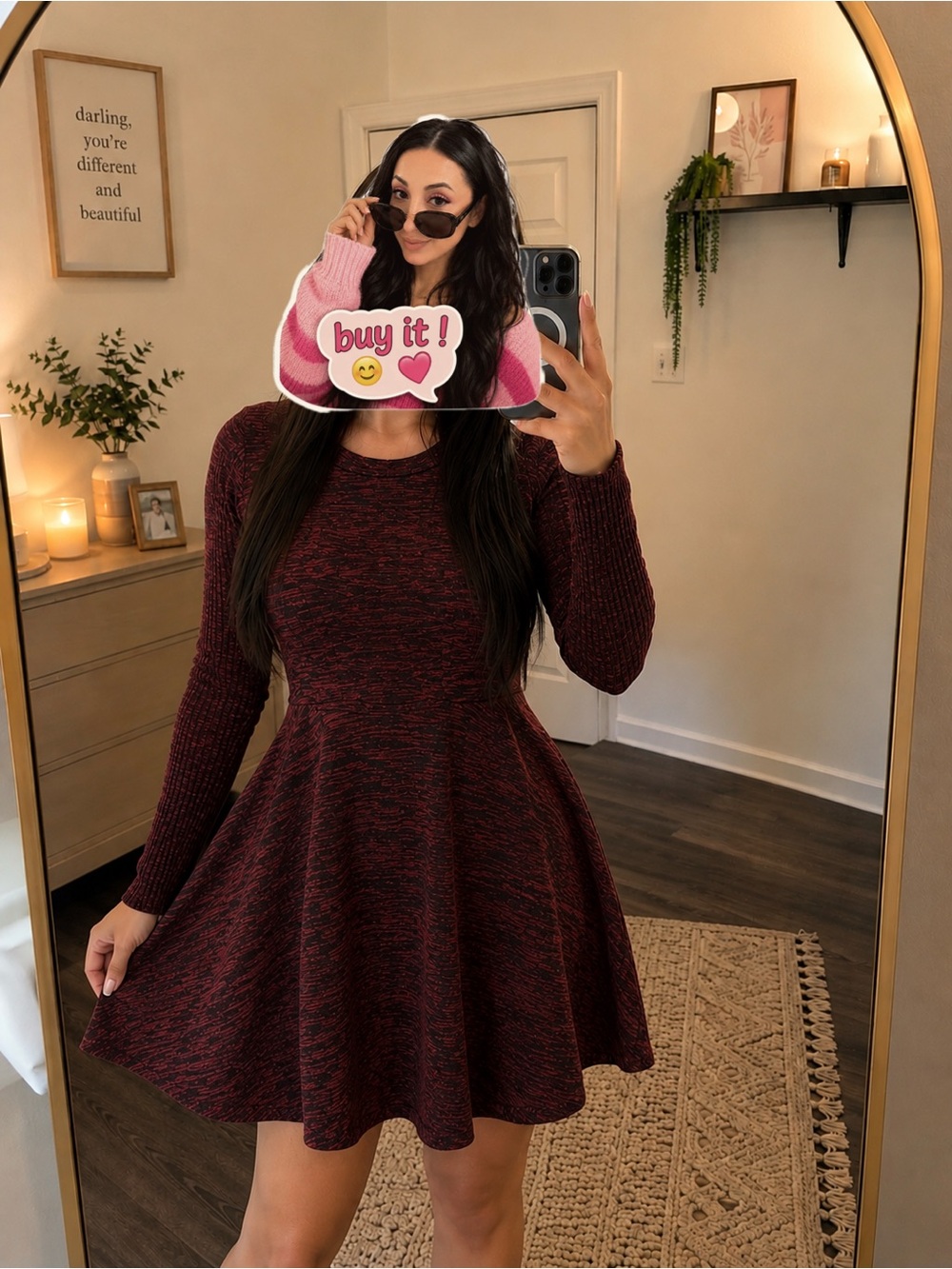 Wet Seal Marled Burgundy Long-Sleeve Fit-and-Flare Dress